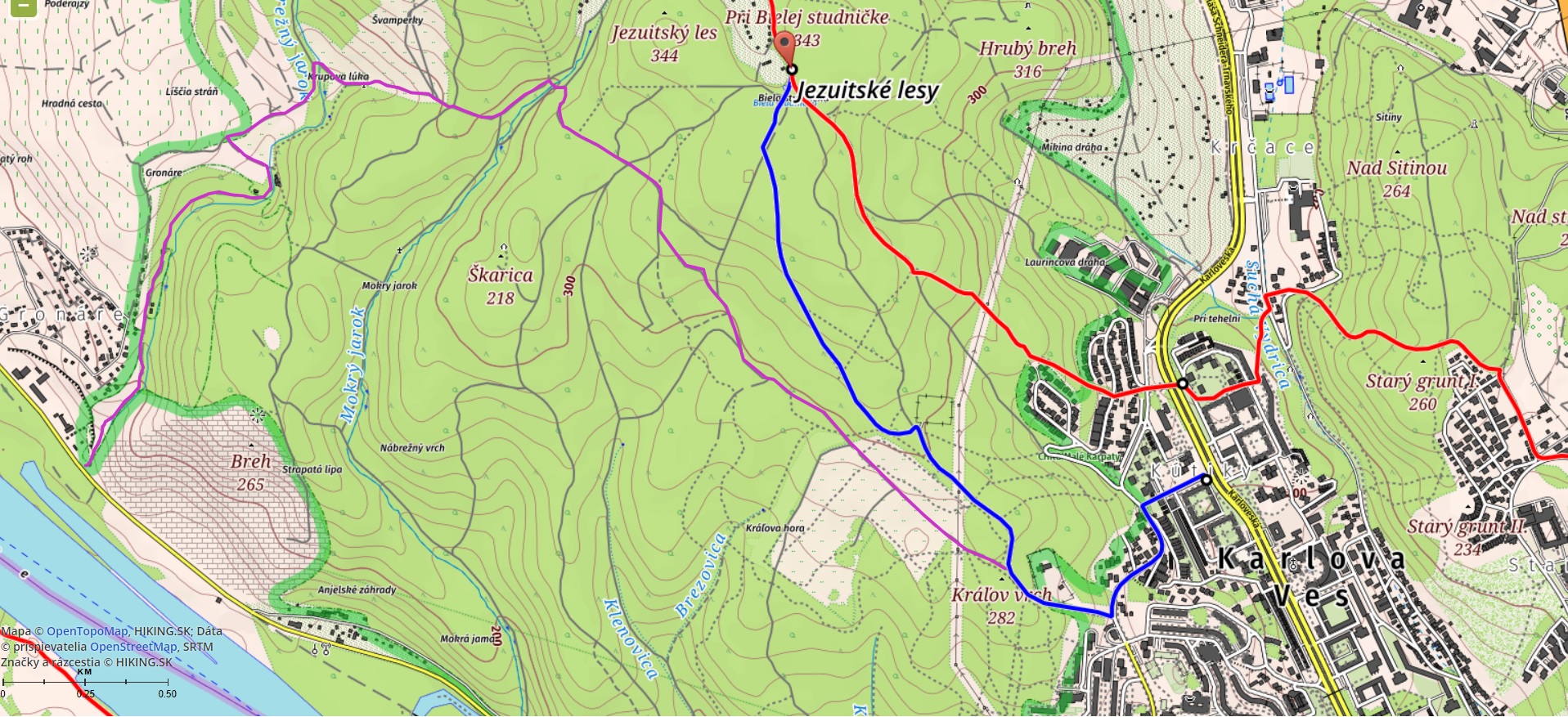 Plán trasy. Fialovou farbou vyznačená cesta, ktorá ide mimo TZT. (Zdroj: www.mapy.hiking.sk, upravené: Terra Carpathica)